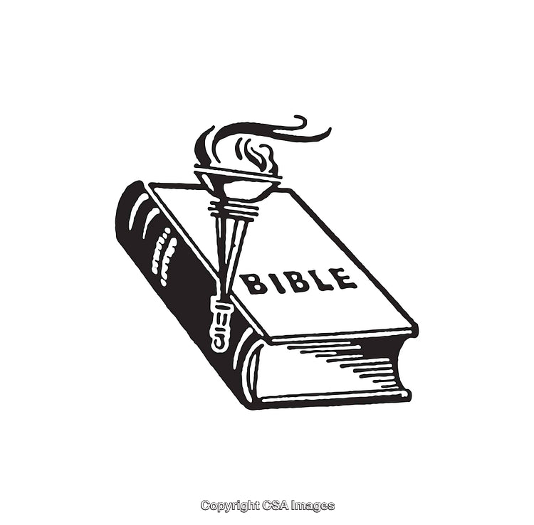 Black and White Line Art of a Bible with a Torch Symbol