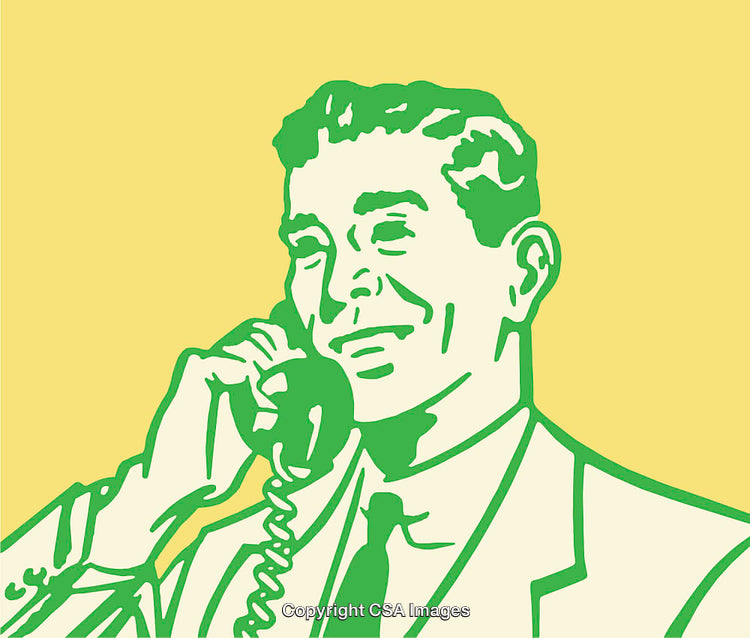 Retro Style Illustration of Smiling Man on Telephone in Green and Yellow