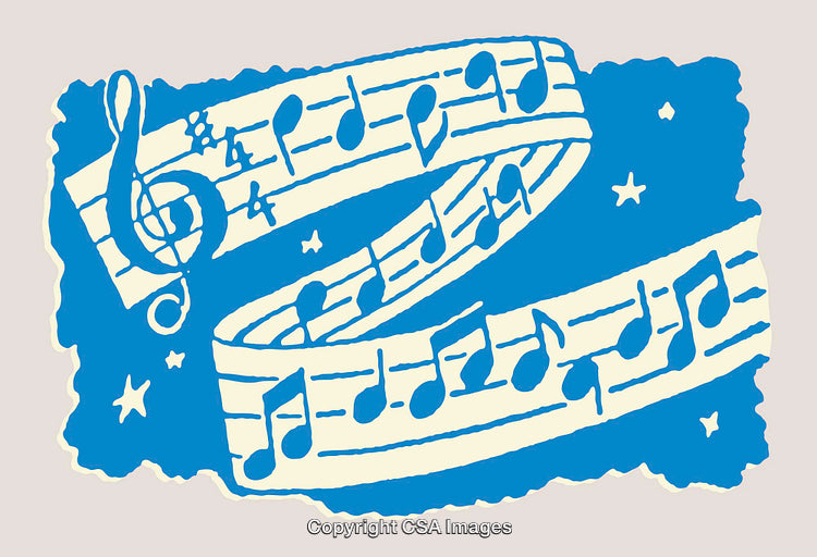 Decorative Musical Theme with Notes and Stars in Vibrant Blue Artwork