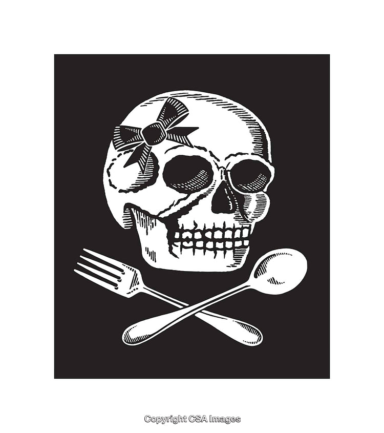 Black and White Line Art Skull With Crossed Fork and Spoon