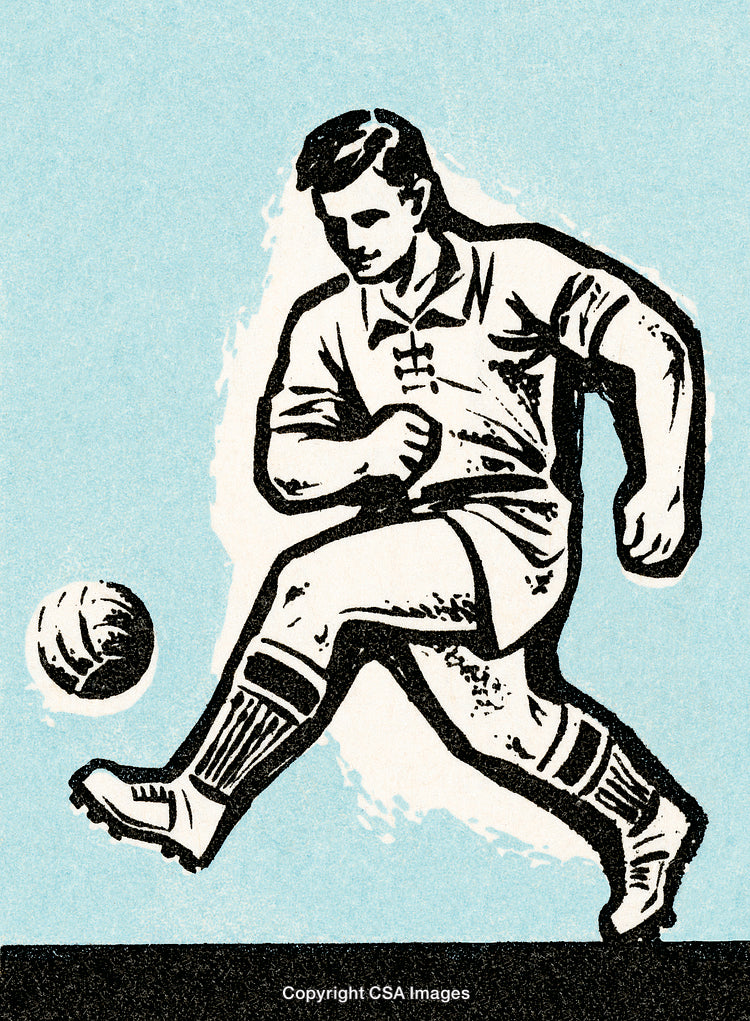 Vintage Drawing of a Soccer Player Kicking a Ball on Blue Background