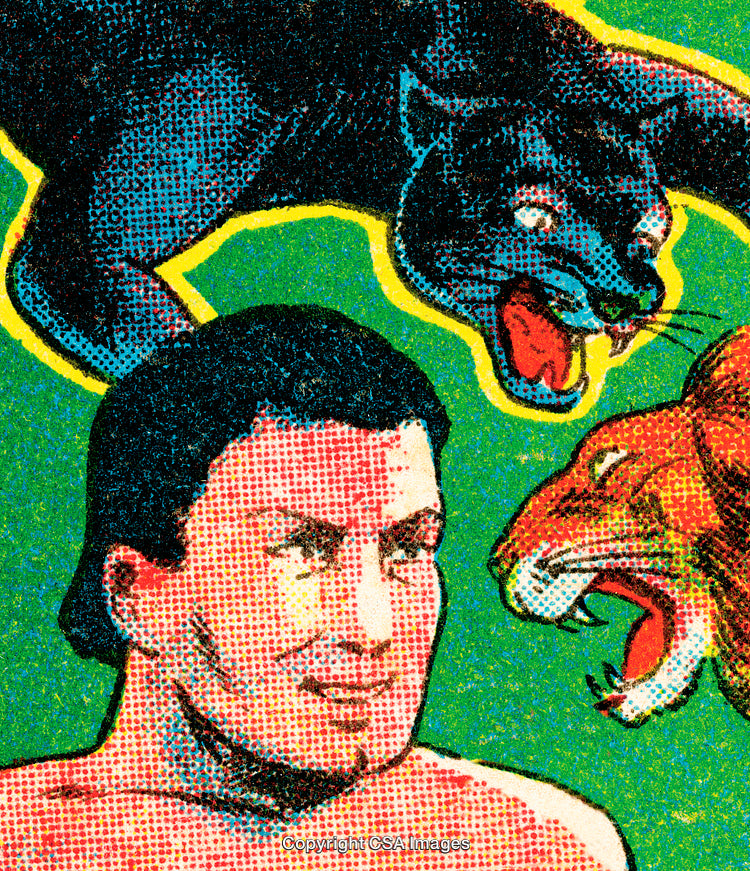 Vintage Pop Art Illustration Featuring a Man With a Panther and Tiger
