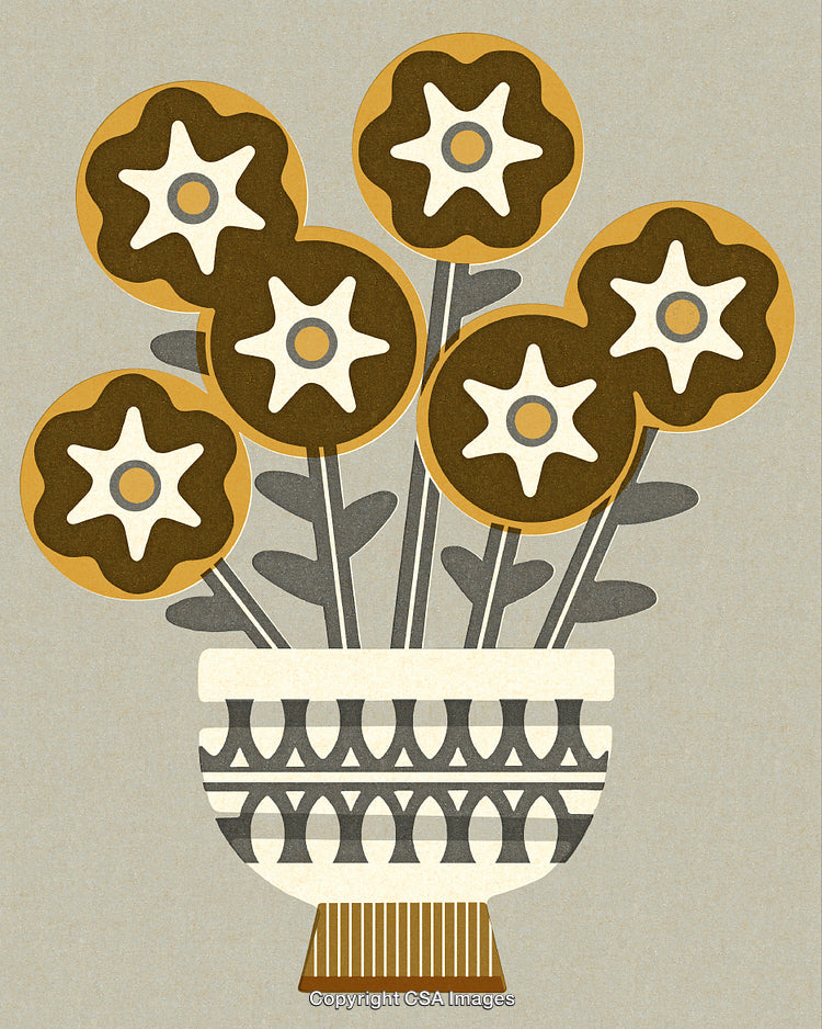 Modern Abstract Floral Art Featuring Blossoms in Decorative Vase on Neutral Background