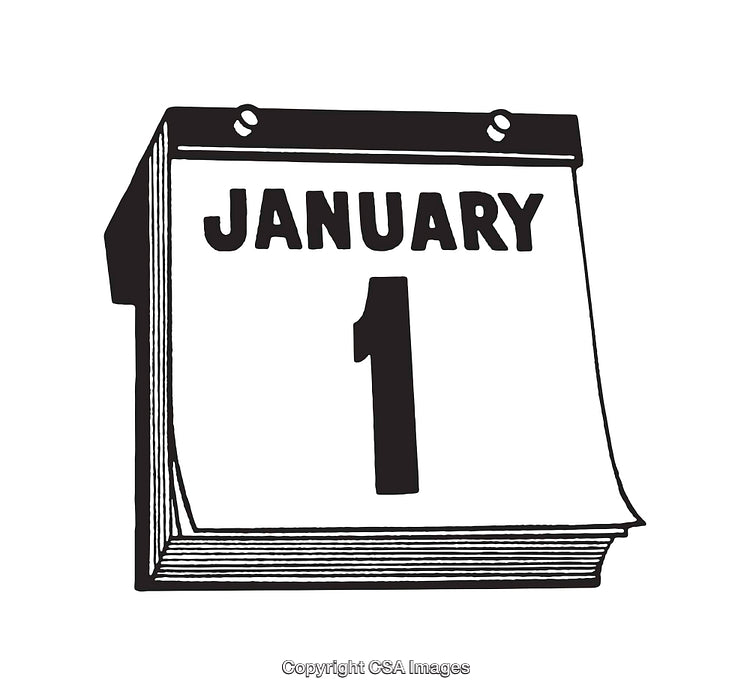 Black and White Line Art of a Calendar Showing January 1st