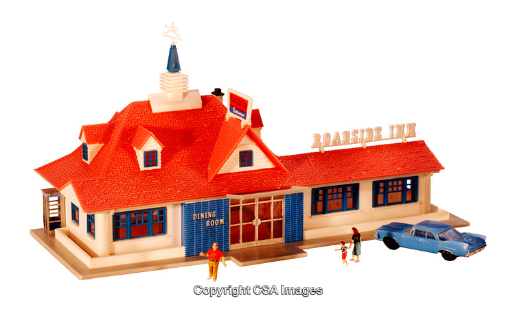 Vintage Plastic Roadside Inn Model With Figures and Blue Car