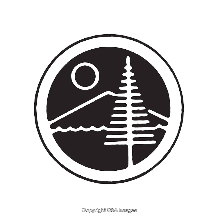 Black and White Minimalist Nature Icon Featuring Trees and Mountains