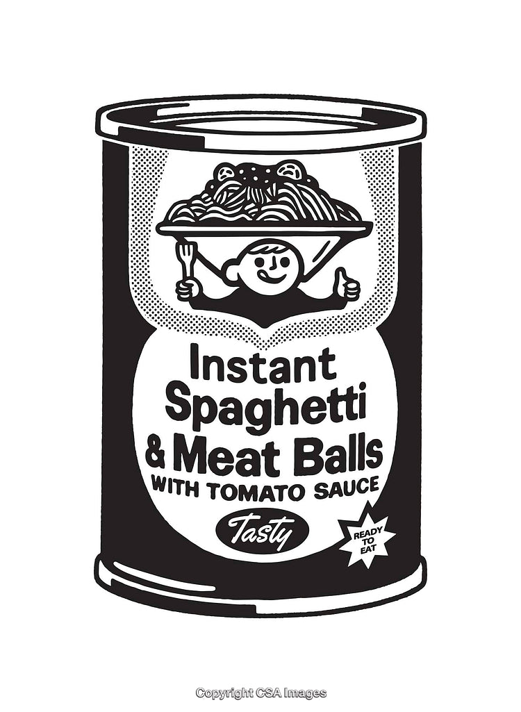 Vintage Black and White Can Label for Instant Spaghetti and Meatballs