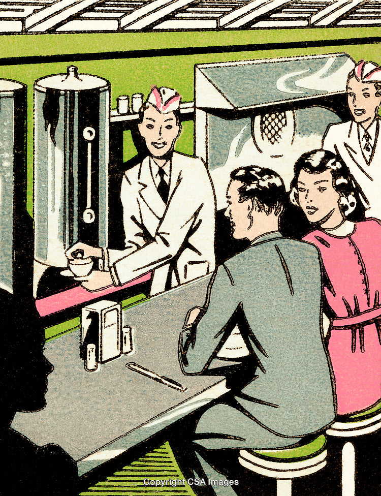 Retro Illustration of A Diner Scene with Staff and Customers