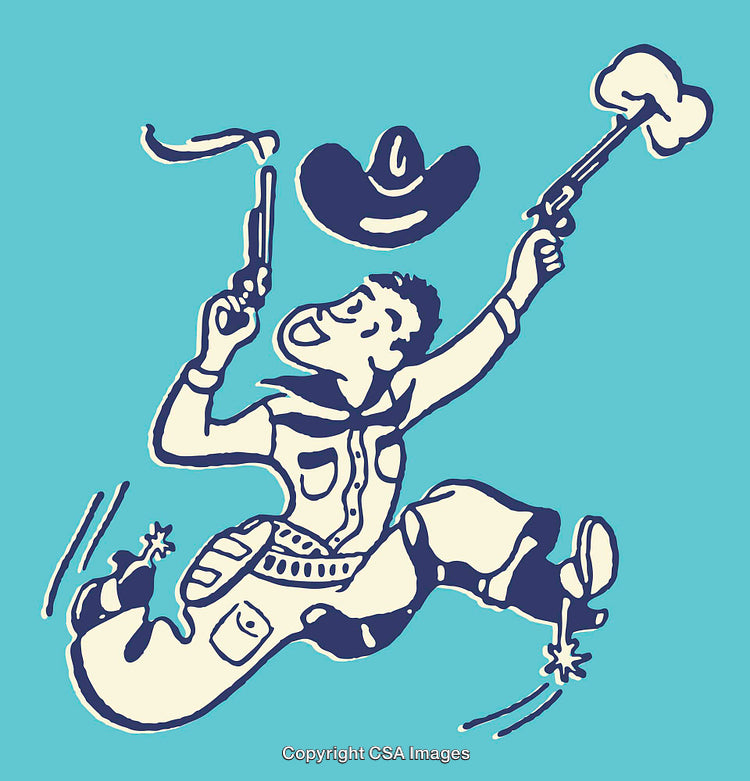 Cheerful Cowboy Shooting Pistols in Joyful Celebration