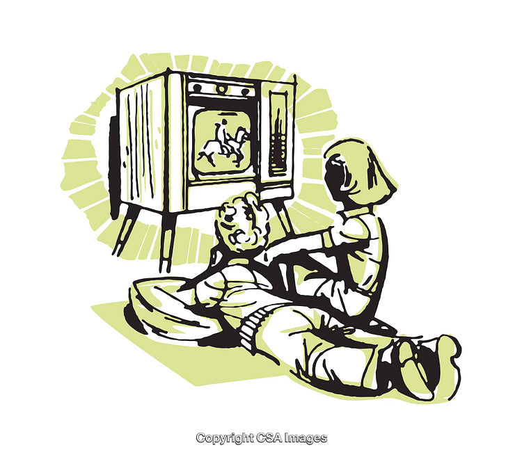 Vintage Illustration of Children Watching TV in Nostalgic Style