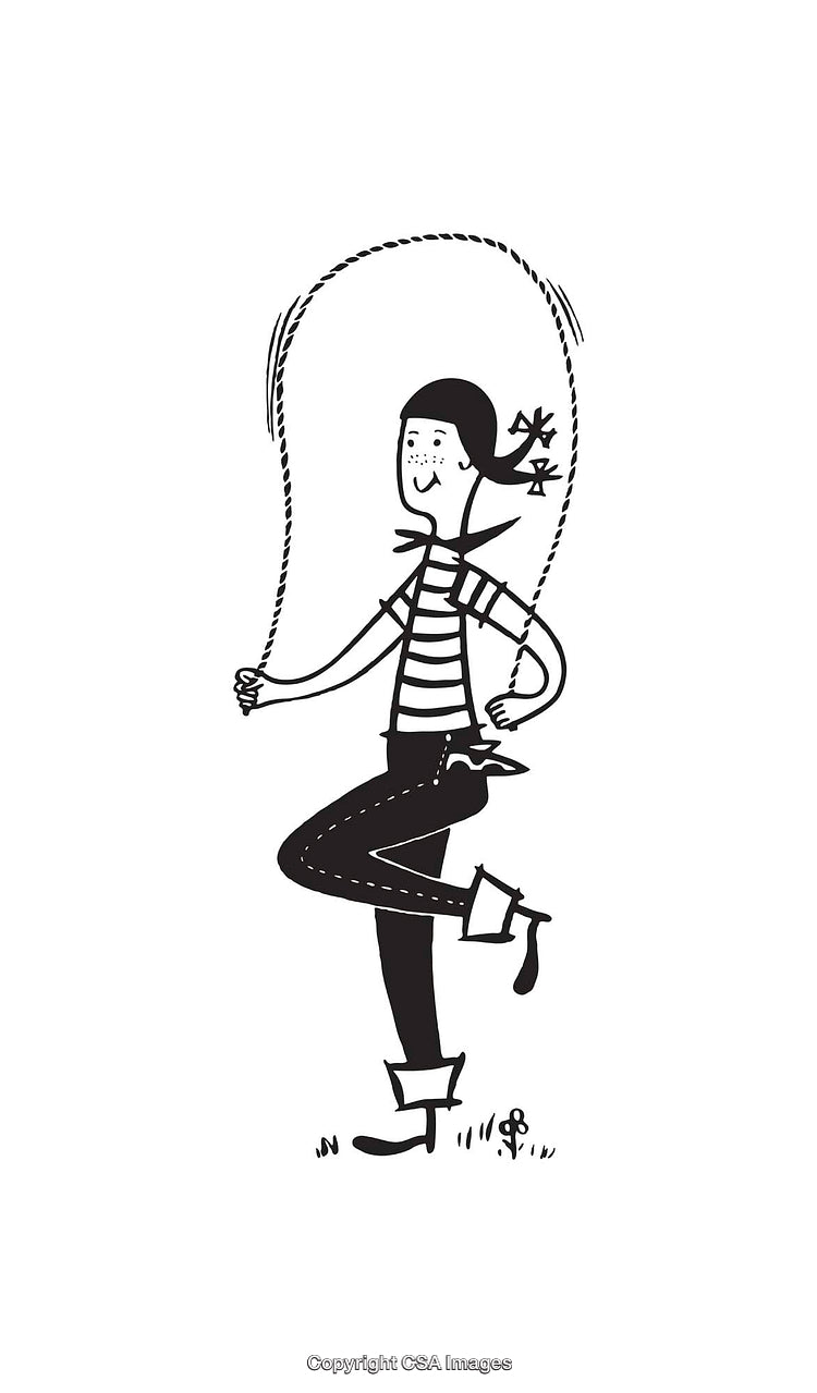 Playful Girl Jumping Rope Illustration in Black and White Line Art Style