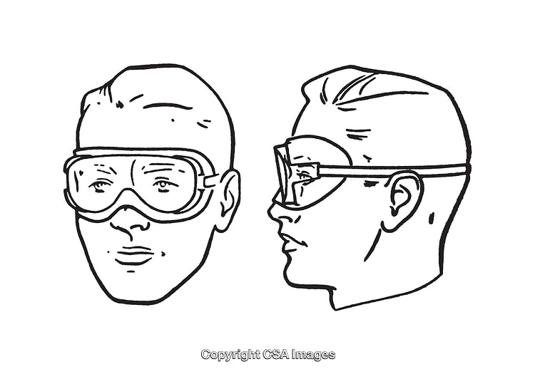 Black and White Line Art Illustration of Safety Goggles on a Human Head