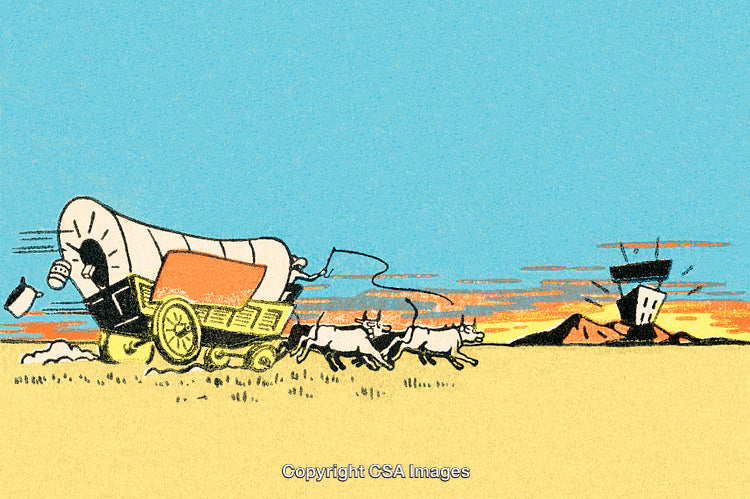 Vintage Illustrated Wagon Theme With Oxen in a Pastoral Landscape
