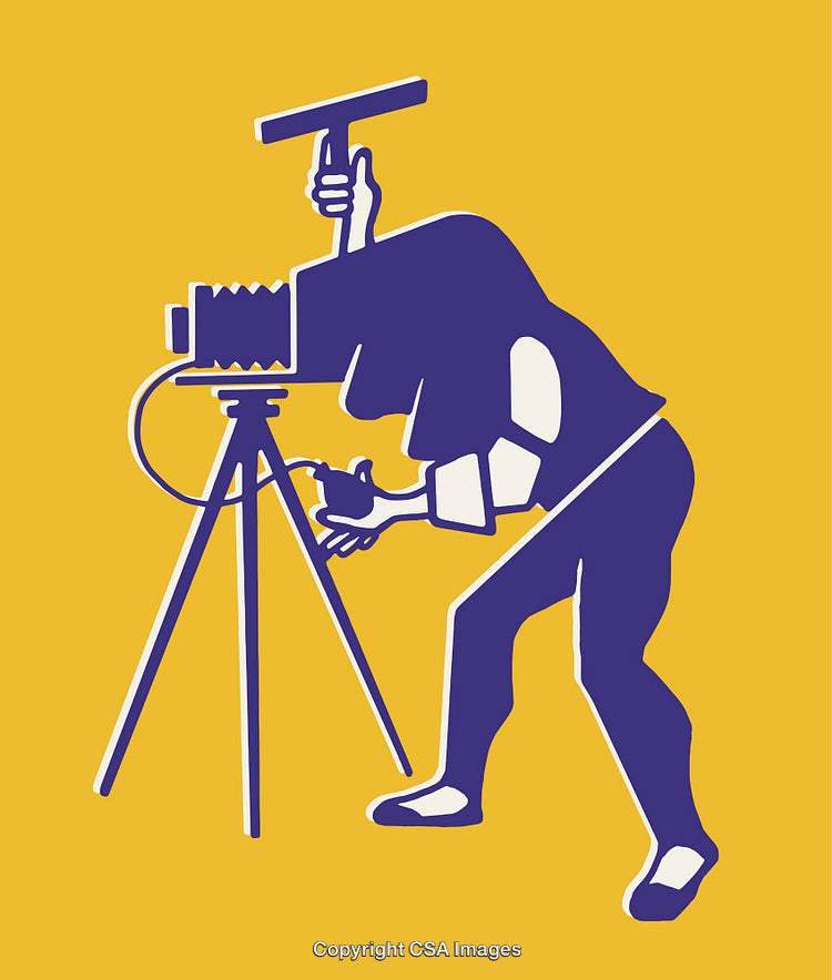 Illustration of a Photographer Using a Vintage Camera on Tripod