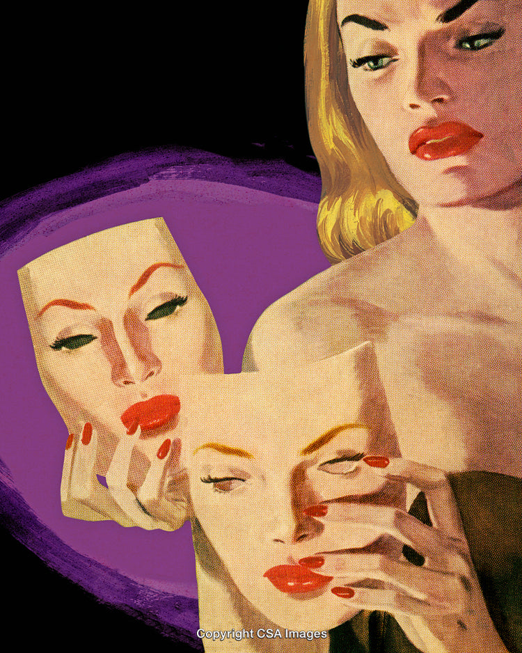 Abstract Illustration of Woman Removing Mask to Reveal Identity