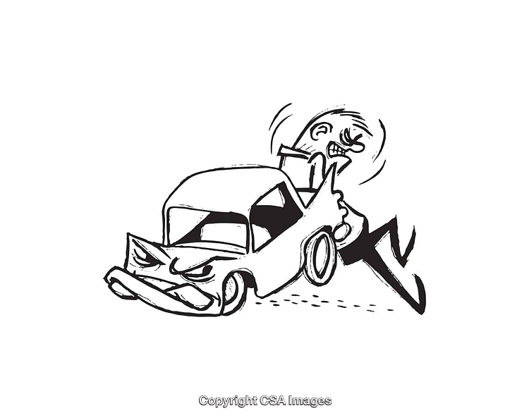 Humorous Illustration of a Person Interacting with an Angry Car