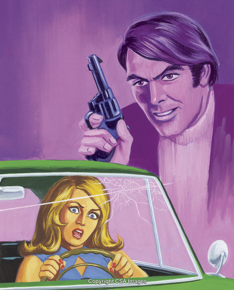 Illustrated Scene Portraying Intense Driving Moment Under Threat