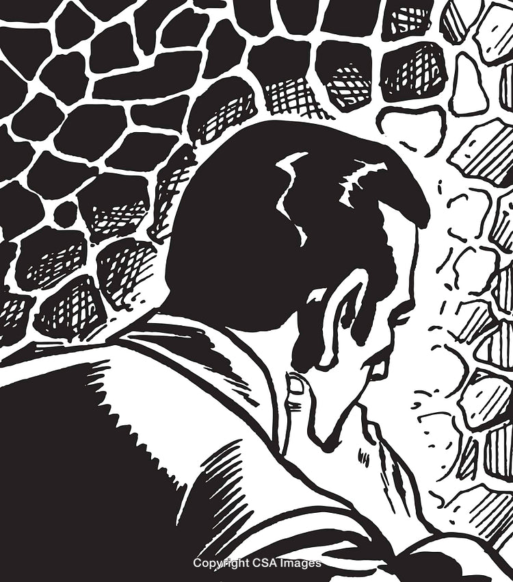 Illustration of a Man Observing Textured Stone Wall in Close Detail