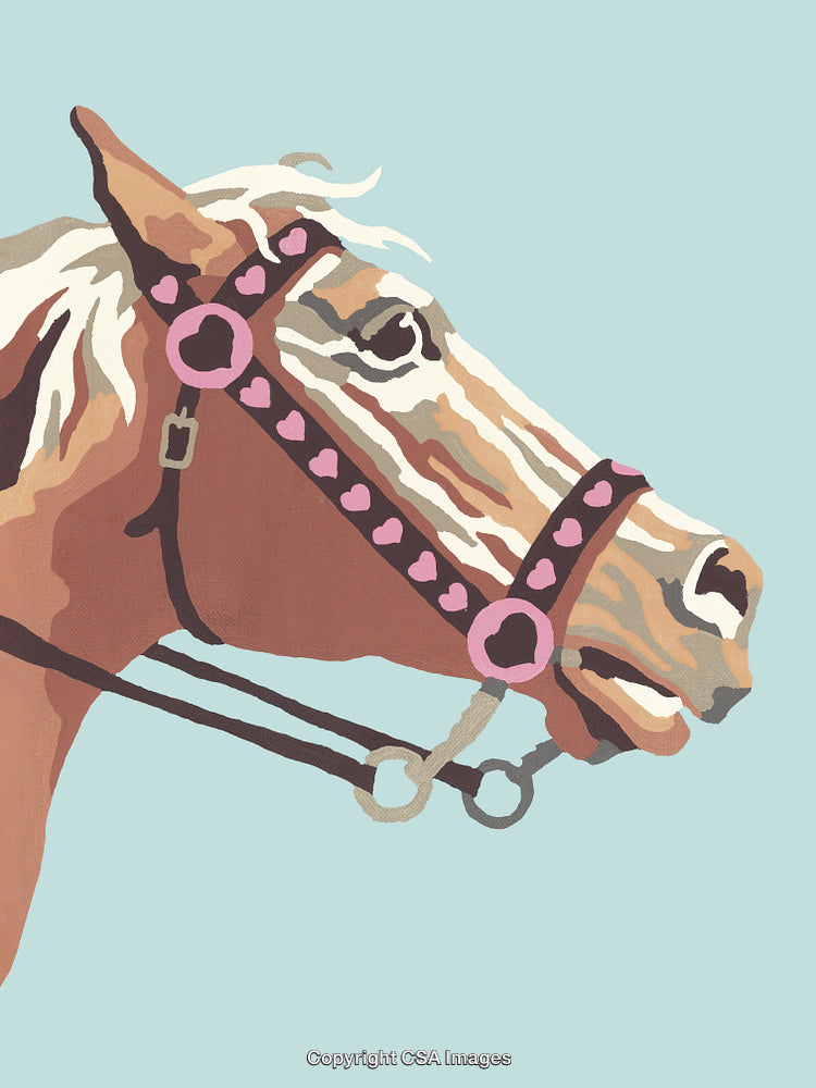 Colorful Paint-By-Number Horse Illustration with a Pink Harness on Light Background