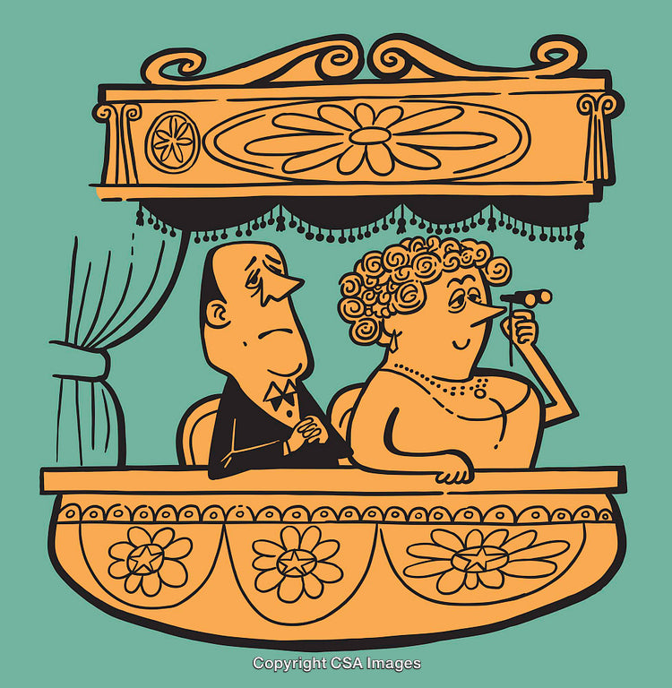 Elegant Cartoon Figures Observing an Event from Ornate Balcony in Retro Style