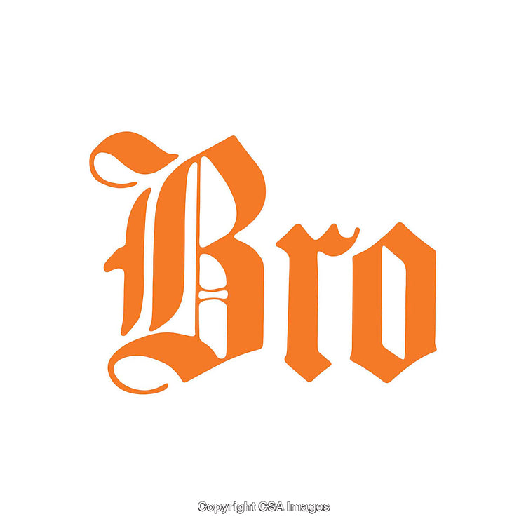 Orange Gothic Style Typography of the Word 'Bro' on White Background
