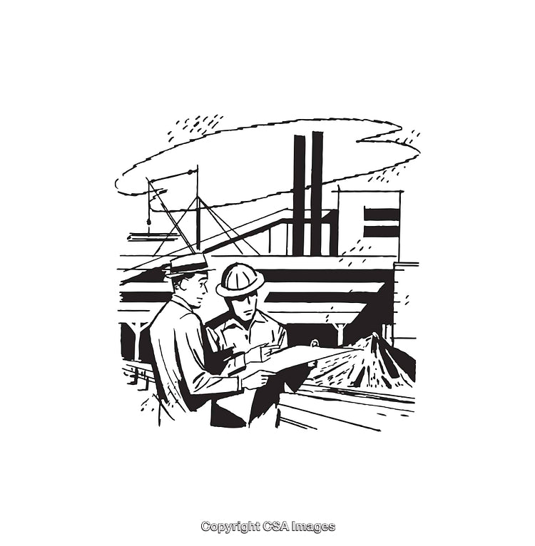 Engineers Reviewing Plans at an Industrial Construction Site in Black and White