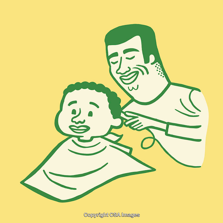 Father Giving His Child a Haircut in Stylized Line Art Illustration