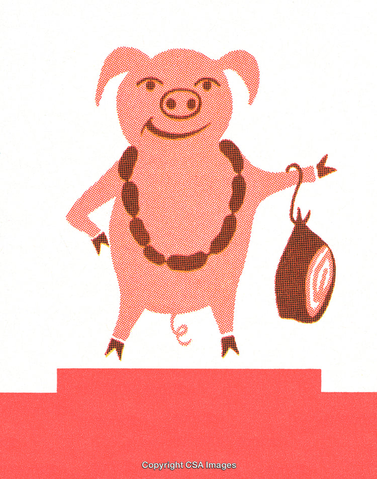 Cheerful Illustrated Pig With Meat and Sausage Necklace on Display