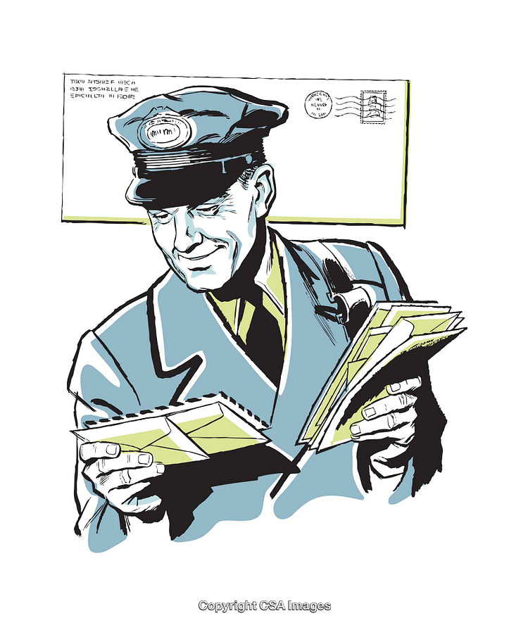 Vintage Illustration of a Mailman Sorting Letters and Envelopes