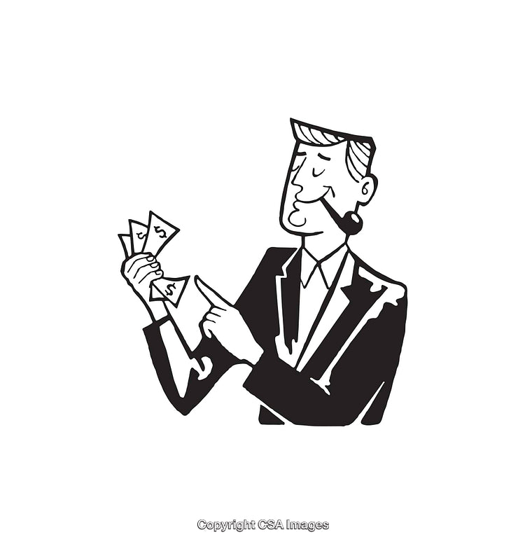 Black and White Illustration of a Businessman Counting Money