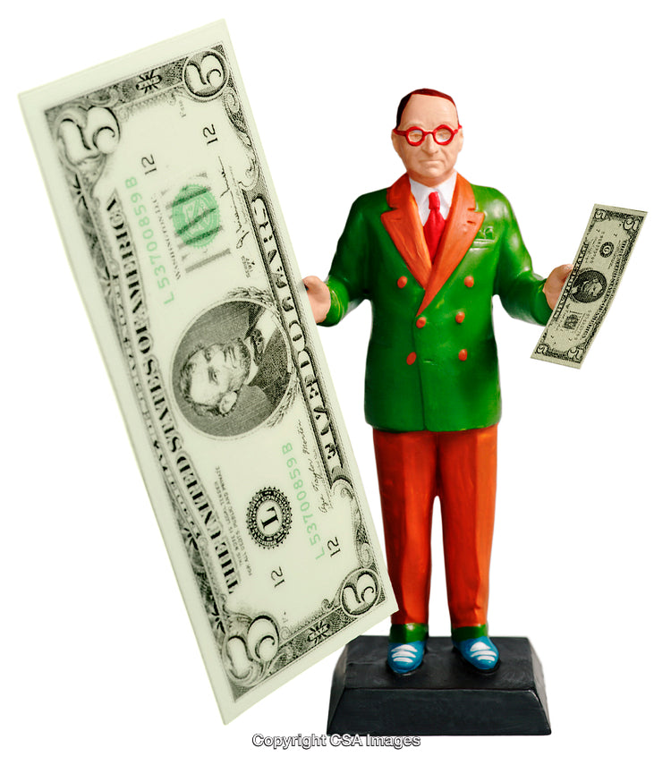 Colorful Figurine Holding Oversized Currency Notes on a White Background