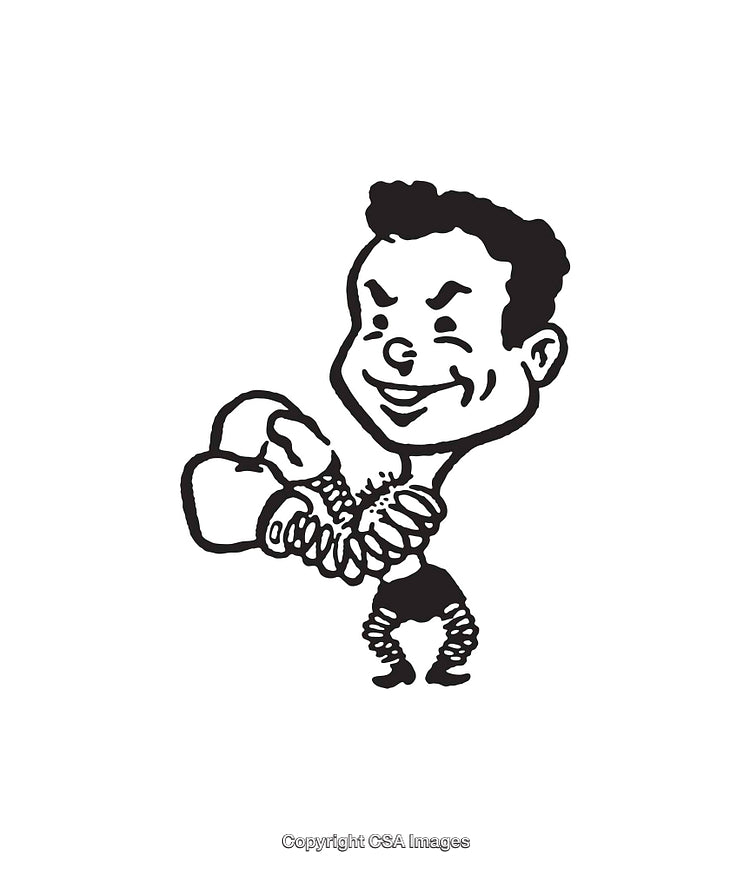 Humorous Boxer Caricature in Black and White Line Art Illustration