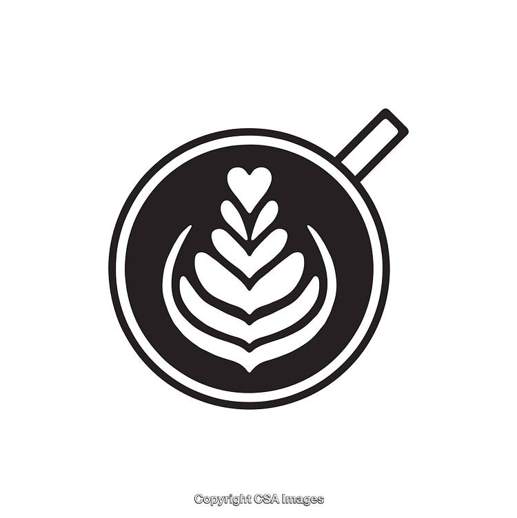 Minimalist Black and White Line Art of Coffee Cup with Latte Art