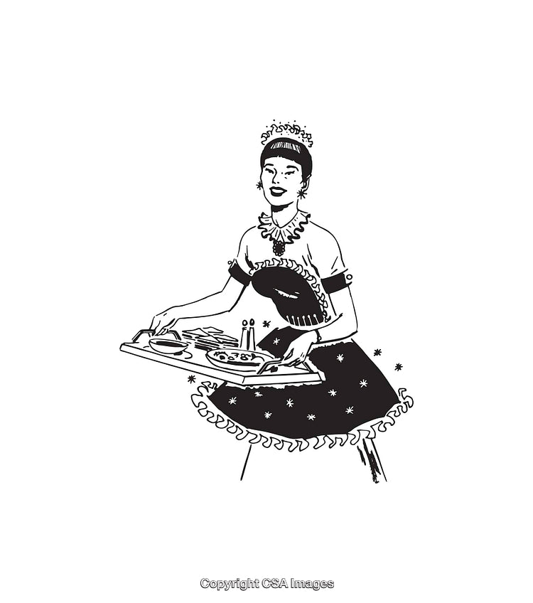 Illustration of a Woman Carrying a Tray with Food in Vintage Style