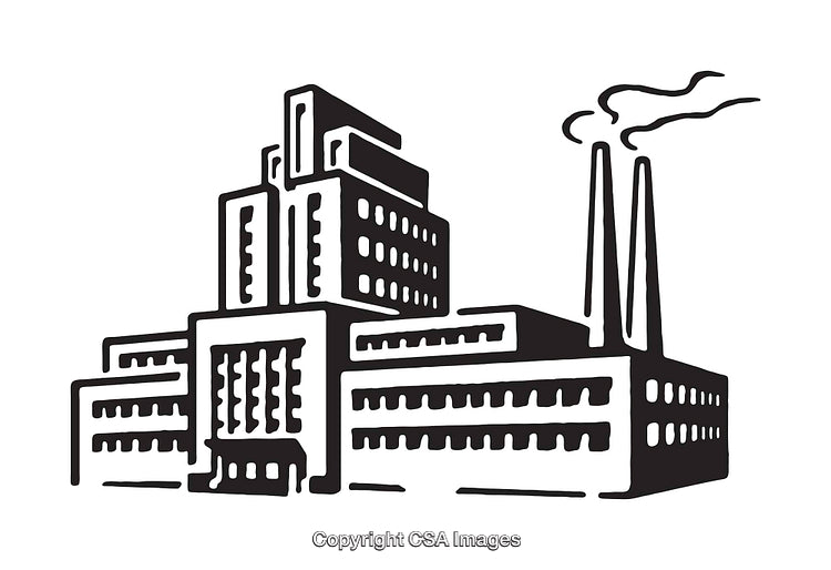 Industrial Factory Building Line Art with Smokestacks in Black and White