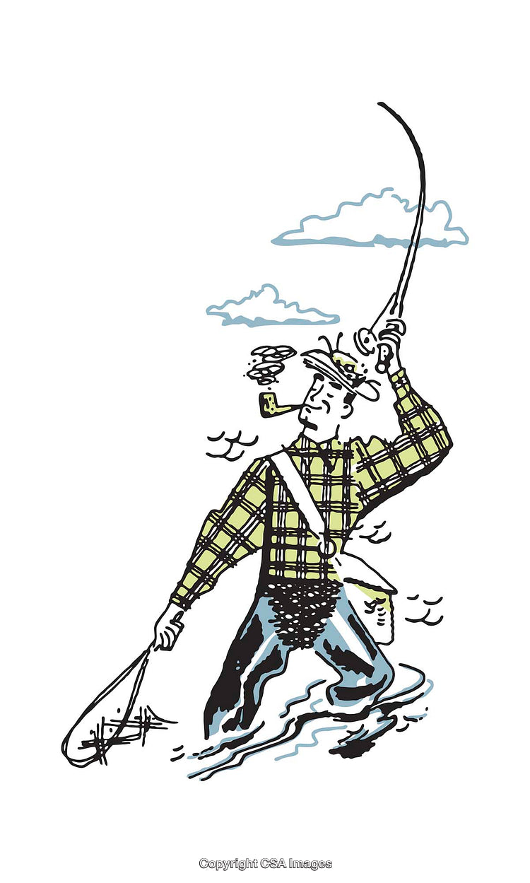 Vintage Illustration of a Fisherman with Rod and Net in Action