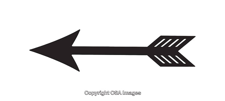 Black Arrow Line Drawing Facing Left with Feather Details on White