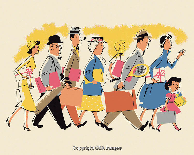 Cheerful Group Walking Together with Gifts in a Vintage Illustration Style