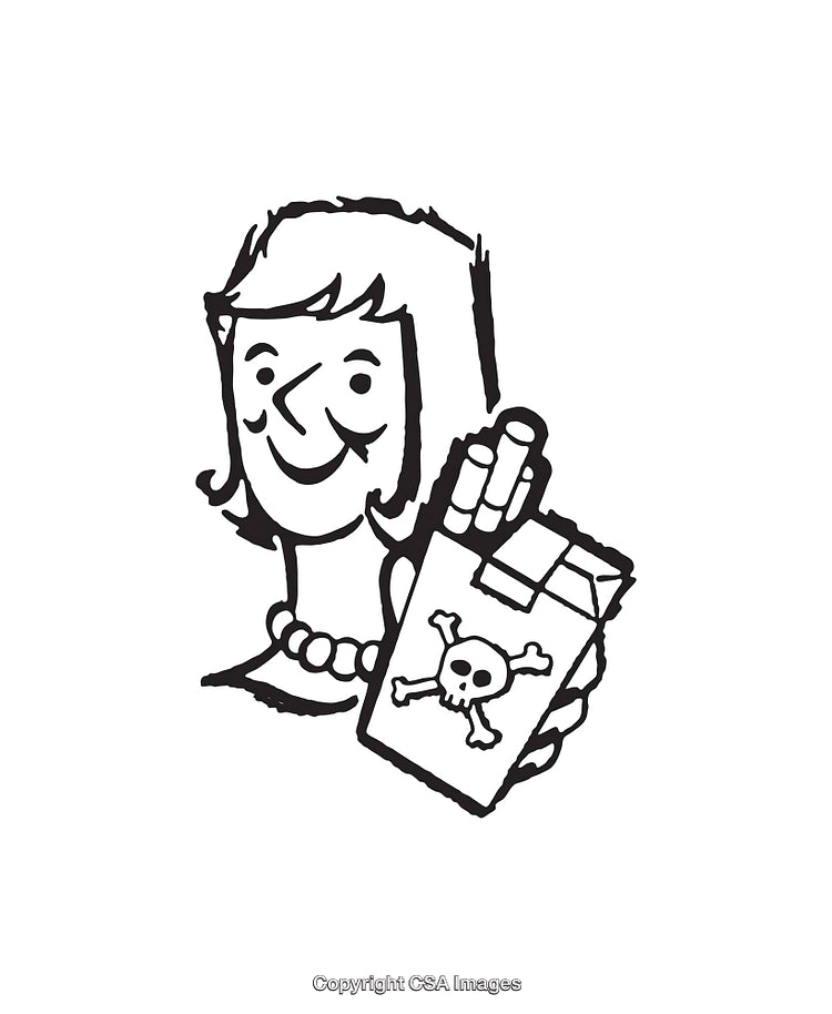 Black and White Line Art Depicting Woman with Cigarettes and Skull Symbol