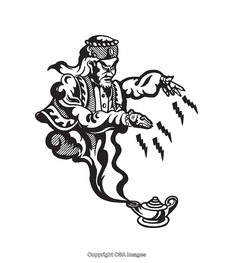 Black And White Line Art Illustration of a Magical Genie Emerging from Lamp