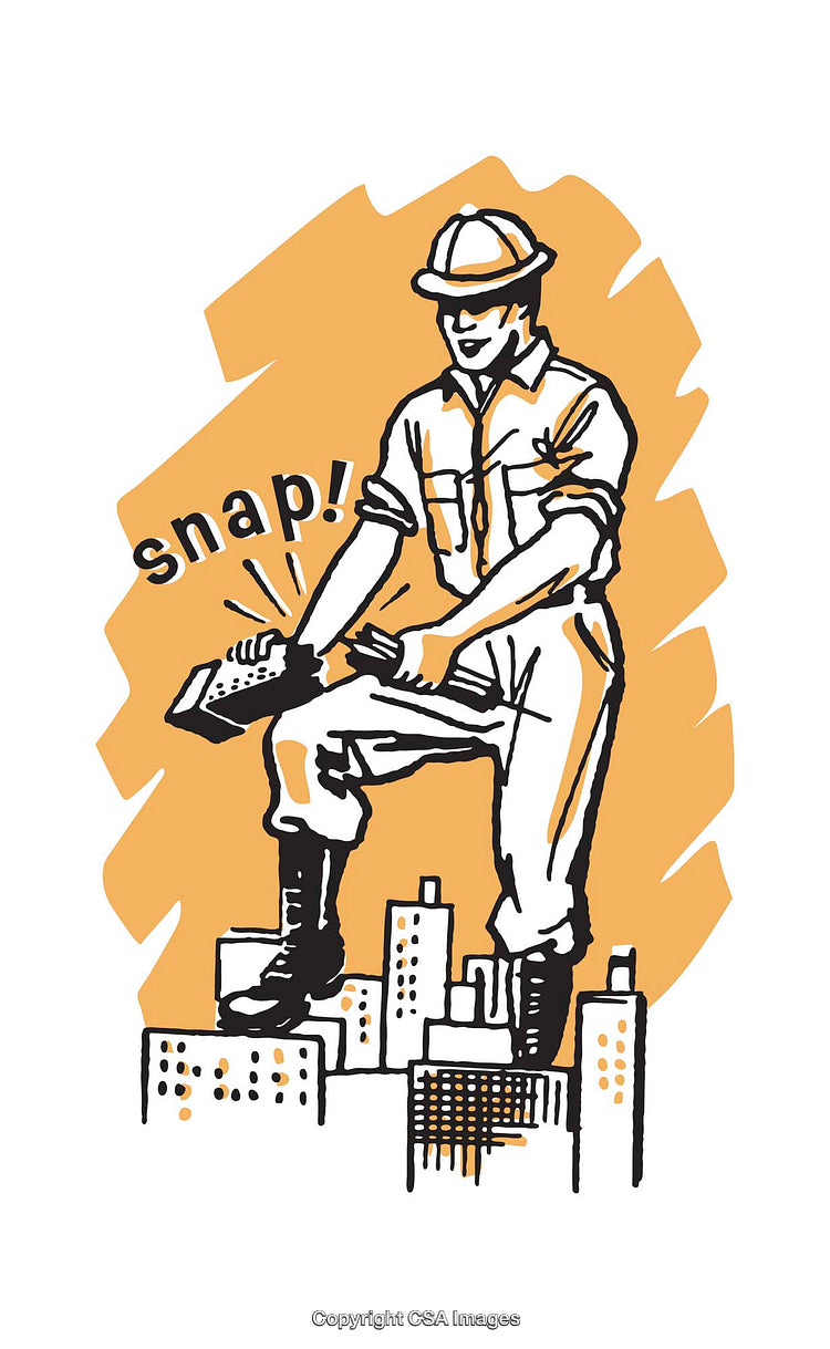 Colorful Illustration of a Worker Breaking Cement on Buildings