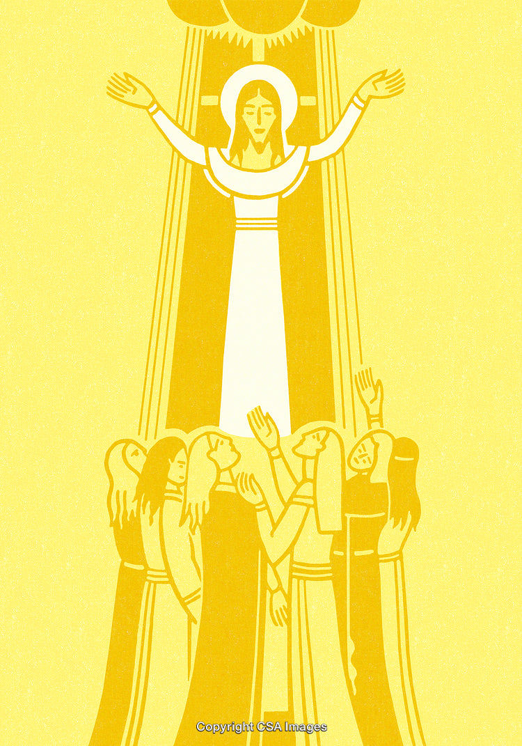 Religious Illustration Depicting a Symbolic Ascension and Community Embrace
