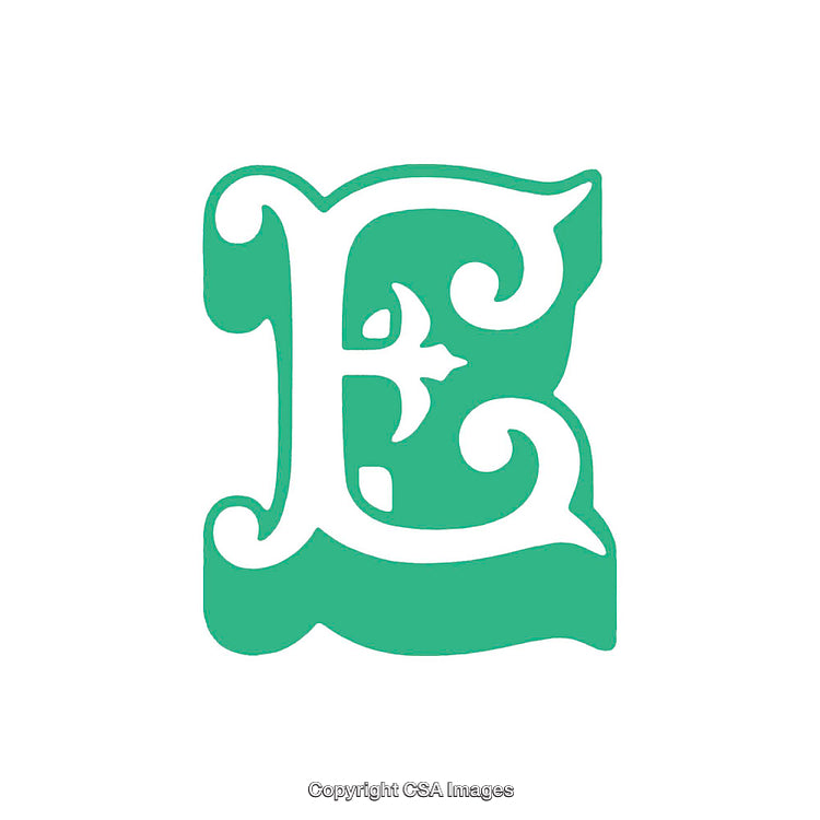 Elegant Green Letter E with Decorative Flourishes on White Background