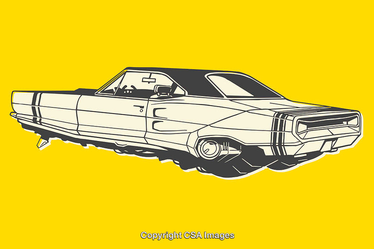 Vintage Car Line Art Illustration Featuring Bold Yellow Background