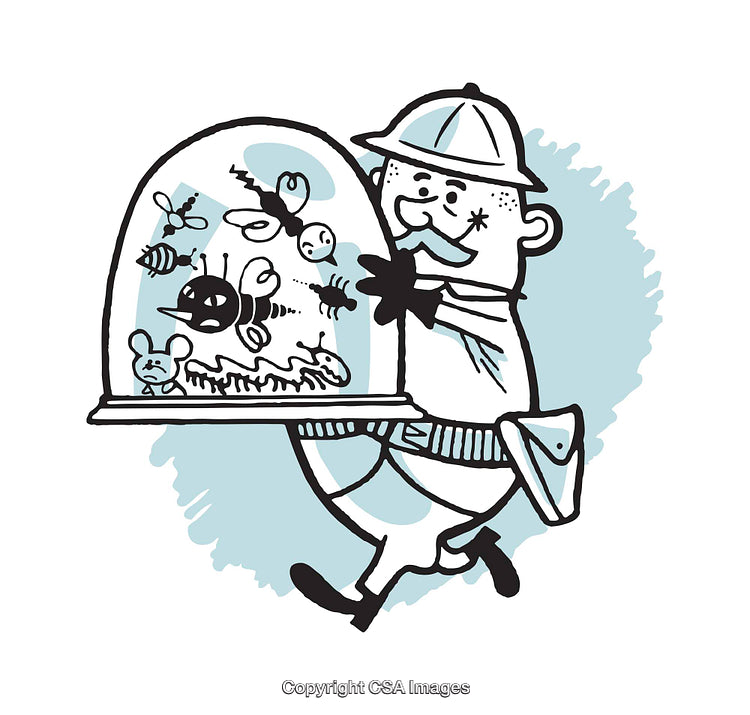 Cartoon Pest Control Worker Carrying Specimen Display of Various Pests