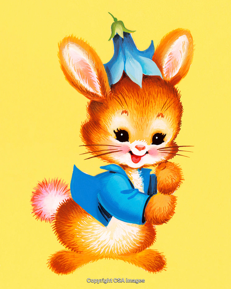 Cute Cartoon Bunny with Blue Bell Hat on Yellow Background