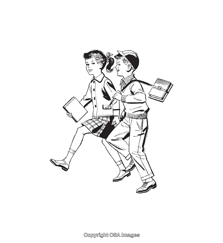 Vintage Black and White Illustration of Children Walking to School