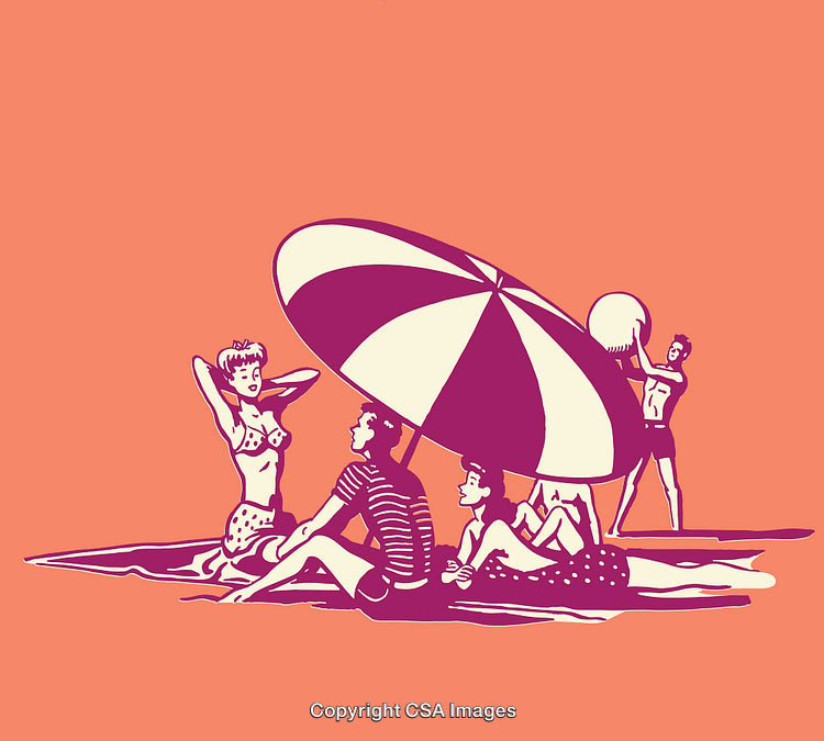 Retro Beach Scene with Sunbathing and Relaxation Atmosphere
