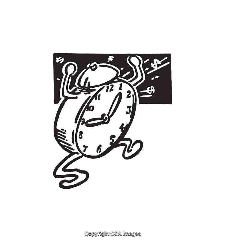 Black And White Illustration of Running Alarm Clock with Cartoon Features
