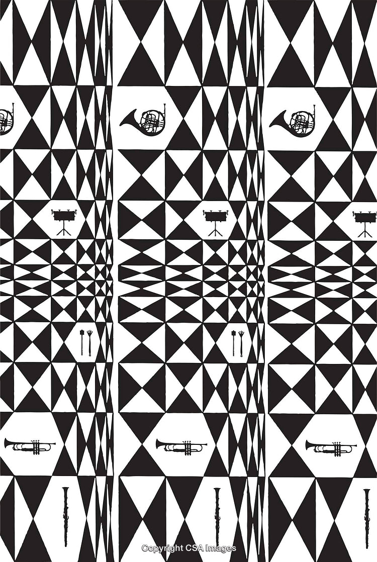 Geometric Black and White Musical Pattern Featuring Various Instruments